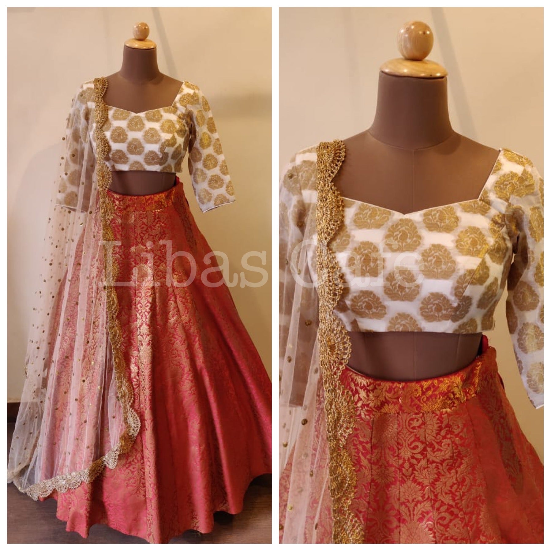 White-red Brocade Lehenga